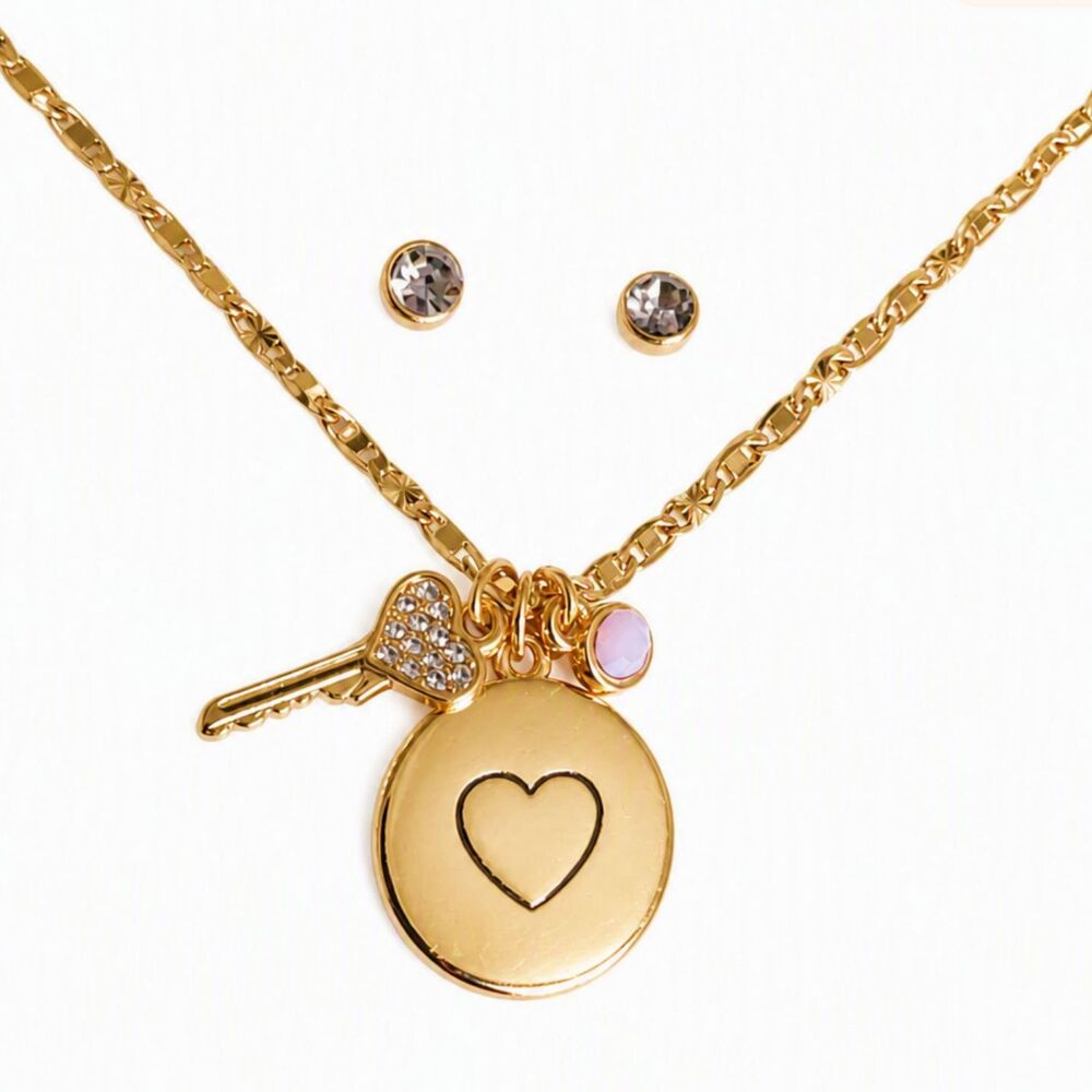 Signed Time & Tru Love & Be Loved 18" Necklace & Rhinestone Stud Earrings Set